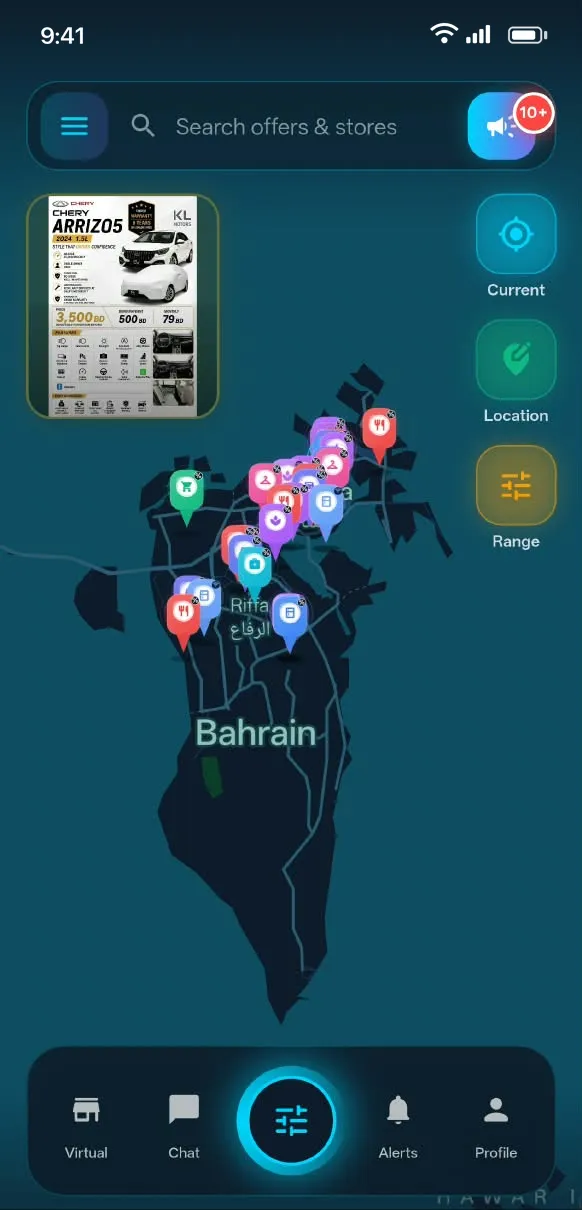 Offers pinned across Bahrain on the NearTics map
