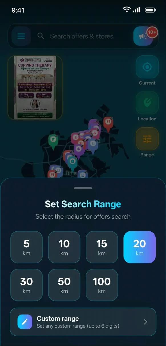 Set the search radius from 5 to 100 km