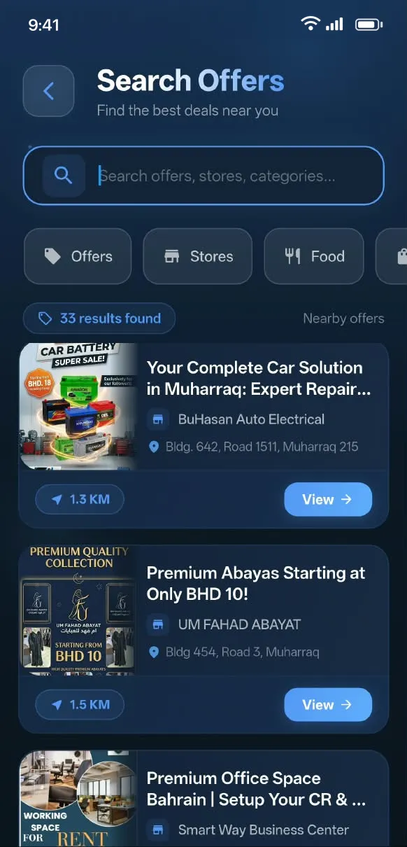NearTics Search Offers screen listing nearby offers with distances